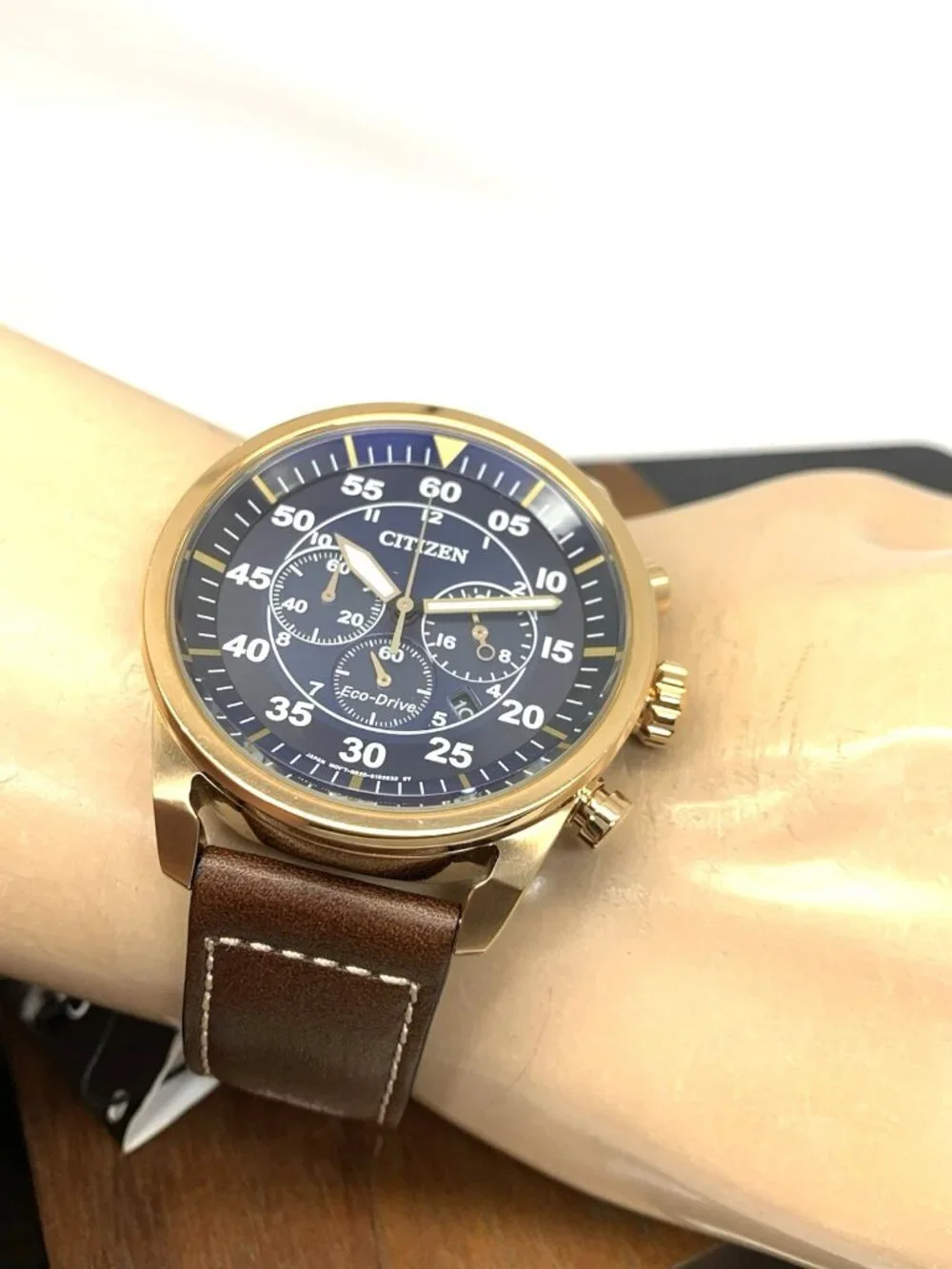 Citizen Men's Watch CA4213-18l Eco Drive Blue Dial Rose Gold Brown Leather Band